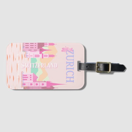 Zurich Travel Art, Schweiz, Rosa Retro Travel Gepäckanhänger (Vorderseite (Horizontal))