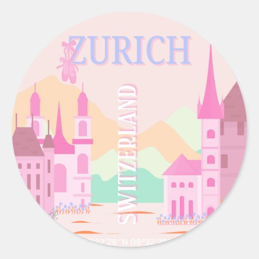 Zurich Travel Art, Schweiz, Rosa Retro Travel Runder Aufkleber (Vorderseite)