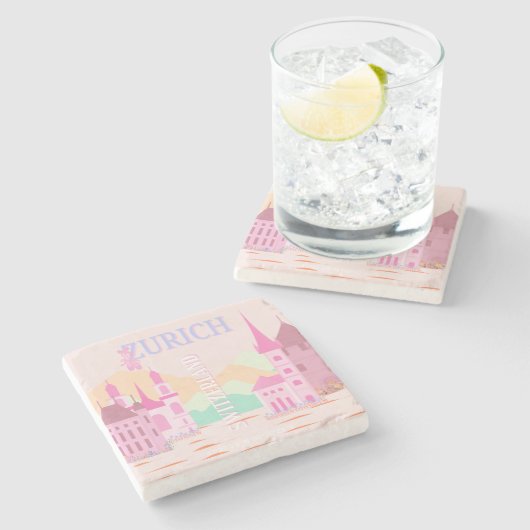 Zurich Travel Art, Schweiz, Rosa Retro Travel Steinuntersetzer (Seitenansicht)