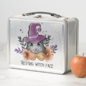 Zurichten von Hexengesicht - Katze mit Hexenhut Metall Brotdose (Beispiel)