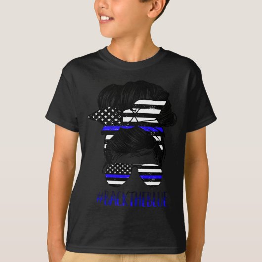 Zurück die Blue-Messy Bun Thin Blue Line Polizeiun T-Shirt (Vorderseite)