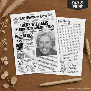 Zurück in 1950 Geburtstagszeitung mit maßgeschneid Feiertagskarte