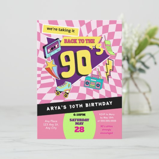 Zurück in die 90er Jahre Moderner Retro Neon 30. G Einladung (Stehend Vorderseite)