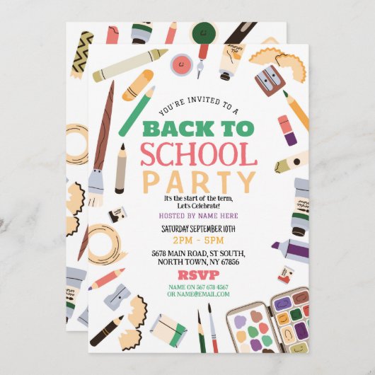 Zurück in die Schule Party Stationäre Stifte einla Einladung (Vorne/Hinten)