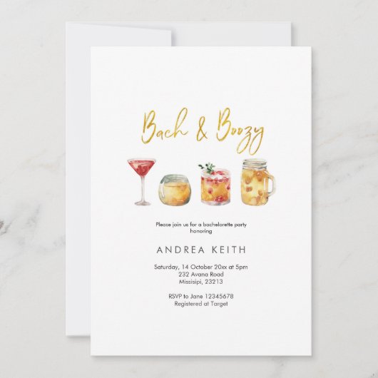 Zurück und bozy Bachelorette Wochenendreise Einladung (Vorderseite)
