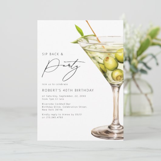 Zurück und Party | Funny Martini Birthday Einladung (Stehend Vorderseite)