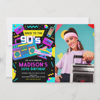 Zurück zu den 90ern Moderne Retro-Neon-Foto-Geburt Einladung