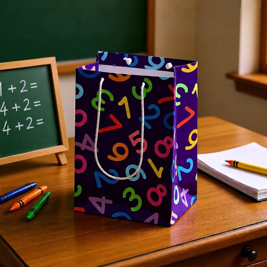 Zurück zu den Schulzahlen im lila Hintergrund Mittlere Geschenktüte