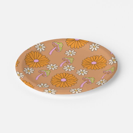 Zurück zum 70er Orange Daisies und Pilze Pappteller (Schrägansicht)