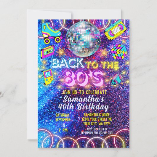 Zurück zum 80er - farbenfrohe Vivid Neon Glow Part Einladung (Vorderseite)