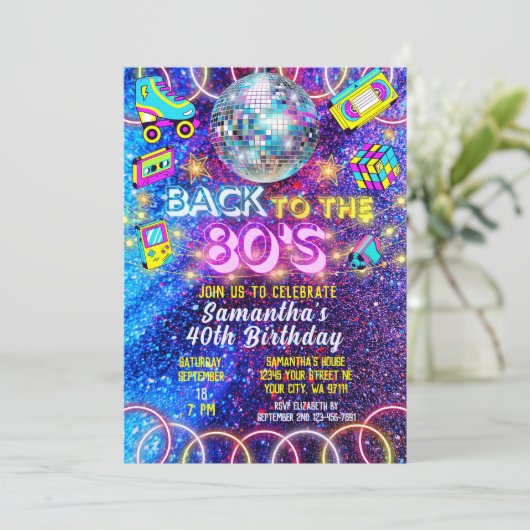 Zurück zum 80er - farbenfrohe Vivid Neon Glow Part Einladung (Stehend Vorderseite)