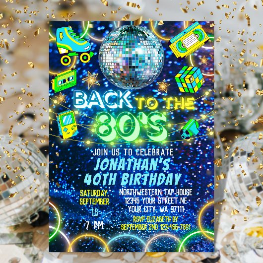 Zurück zum 80er farbenfroher Neon Glow Geburtstag Einladung