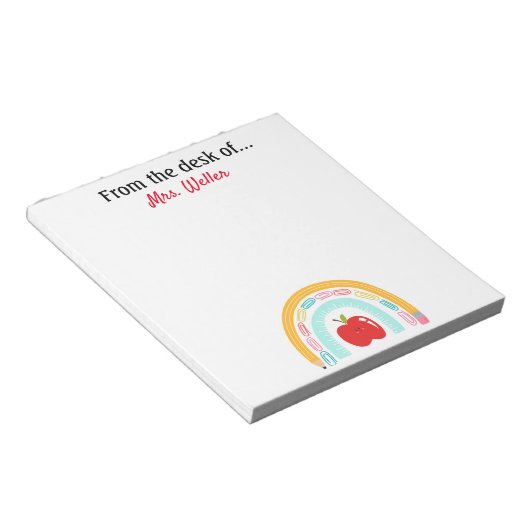 Zurück zum Lehrer personalisierter Regenbogenapfel Notizblock (angewinkelt)