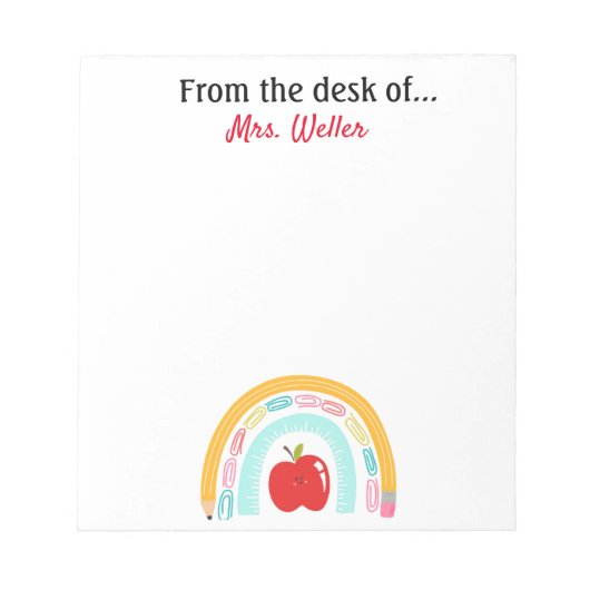 Zurück zum Lehrer personalisierter Regenbogenapfel Notizblock (Vorderseite)