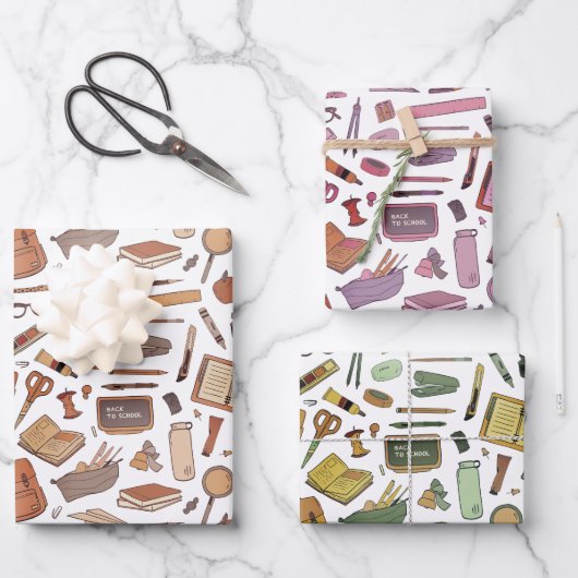 Zurück zum Schulspass - farbenfrohe Symbole 3 Geschenkpapier Set (Vorderseite)