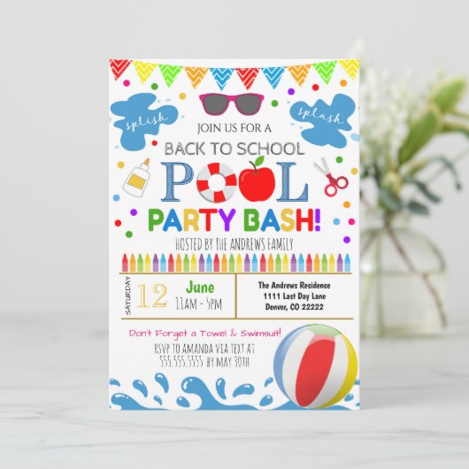 Zurück zur Party Einladung des Schulpools (Stehend Vorderseite)