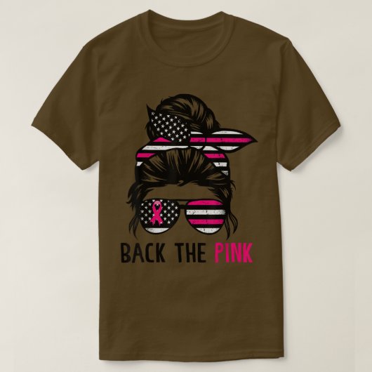 Zurück zur rosa Ribbon-Messy Bun American Flag Bre T-Shirt (Design vorne)