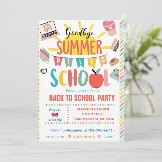 Zurück zur Schule Abschied Sommer Hallo Schule Einladung (Stehend Vorderseite)