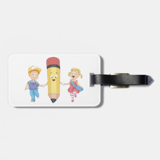 Zurück zur Schule Cartoon Happy Pencil und Kids Gepäckanhänger (Rückseite horizontal)