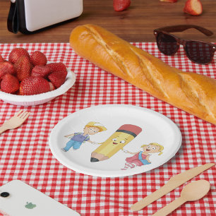 Zurück zur Schule Cartoon Happy Pencil und Kids Pappteller