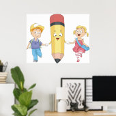 Zurück zur Schule Cartoon Happy Pencil und Kids Poster (Heimbüro)