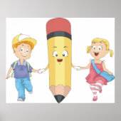Zurück zur Schule Cartoon Happy Pencil und Kids Poster (Vorne)