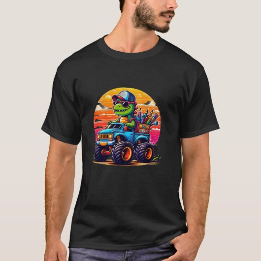 Zurück zur Schule Dinosaurier Reiten Monster Truck T-Shirt (Vorderseite)