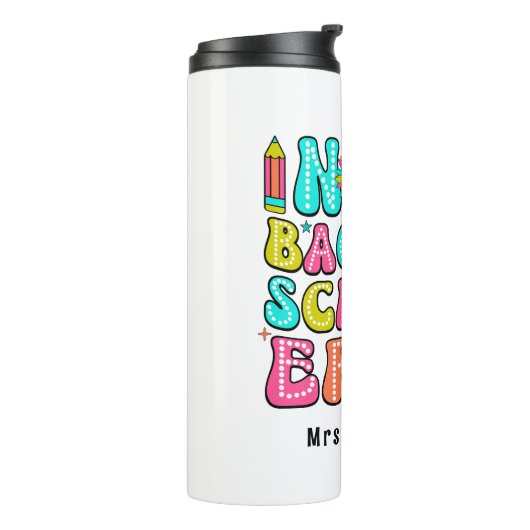 Zurück zur Schule farbenfrohe Retrolehrerin Thermosbecher (Nach links gedreht)