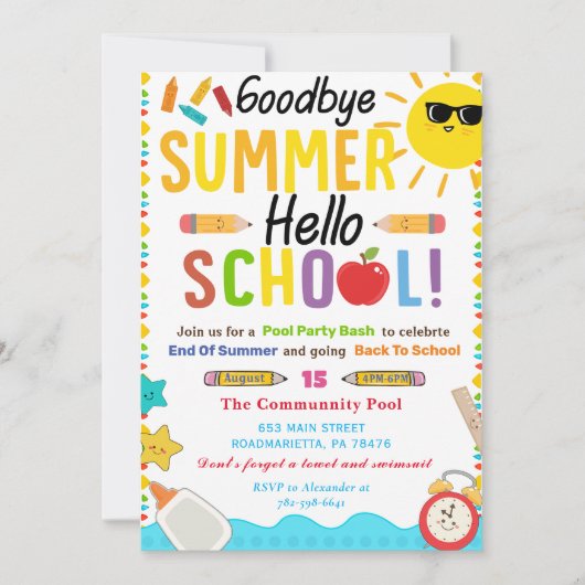 Zurück zur Schule Good Bye Summer Hello School Einladung (Vorderseite)