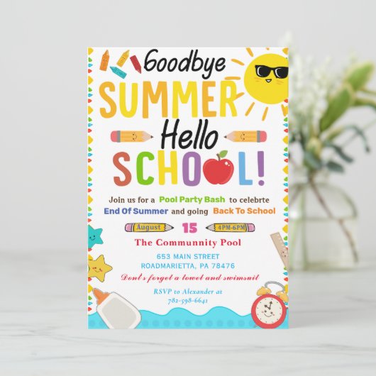 Zurück zur Schule Good Bye Summer Hello School Einladung (Stehend Vorderseite)