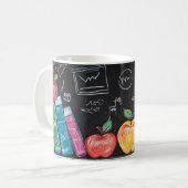 Zurück zur Schule mit farbenfrohen Büchern, Äpfeln Kaffeetasse (Vorderseite Links)