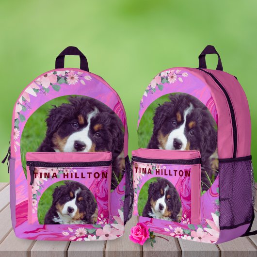Zurück zur Schule Niedlicher Hund Rosa Blumenfarbe Bedruckter Rucksack