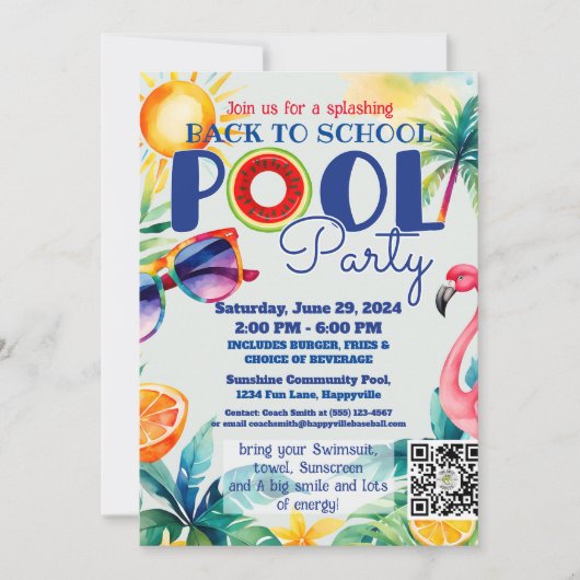 zurück zur Schule Pool Party Freunde Geburtstag Einladung (Vorderseite)