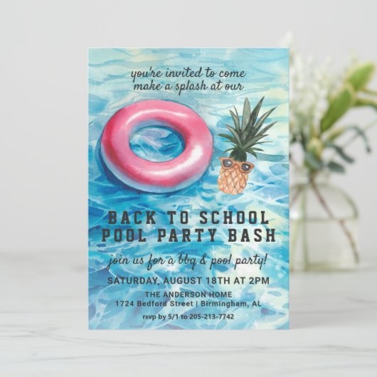 Zurück zur Schule Pool Party GRILLEN Einladung (Stehend Vorderseite)