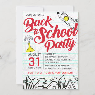 Zurück zur Schule Poolparty-Kritzel-Druck Einladung