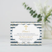 Zurückgestellte Ankündigung Gold Blue First Commun Postkarte (Stehend Vorderseite)