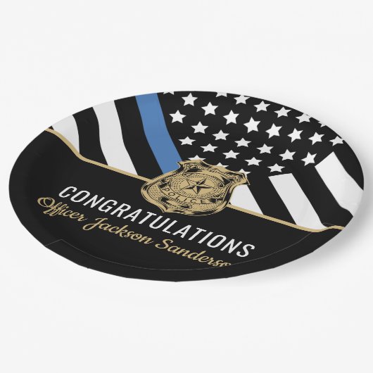 Zurückweisung der Flagge der Polizei Blauer Linie Pappteller (Schrägansicht)