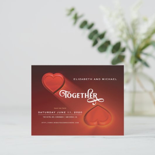 Zusammen, Save the Date, zwei Herz Postkarte (Stehend Vorderseite)