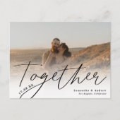 Zusammen-Skript modern 2 Fotos Save the Date Postkarte (Vorderseite)