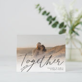 Zusammen-Skript modern 2 Fotos Save the Date Postkarte (Stehend Vorderseite)