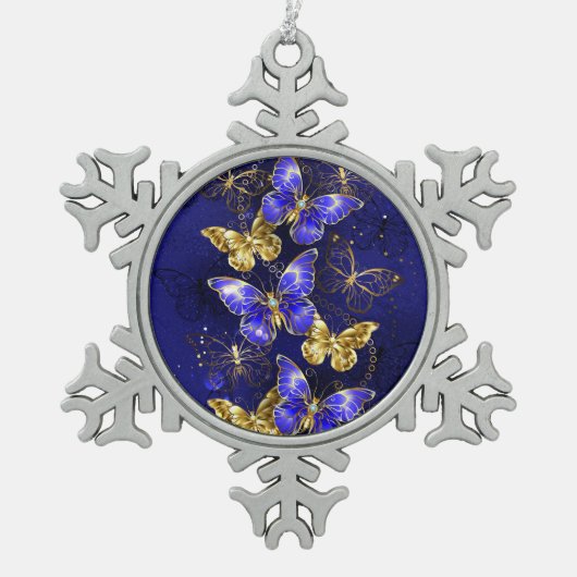 Zusammensetzung mit Sapphire-Schmetterlingen Schneeflocken Zinn-Ornament (Vorderseite)