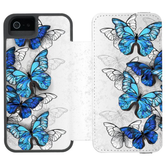Zusammensetzung von White und Blue Butterflies Incipio iPhone Geldbeutel-Hülle (Folio Geöffnet)