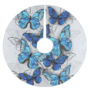 Zusammensetzung von White und Blue Butterflies Polyester Weihnachtsbaumdecke