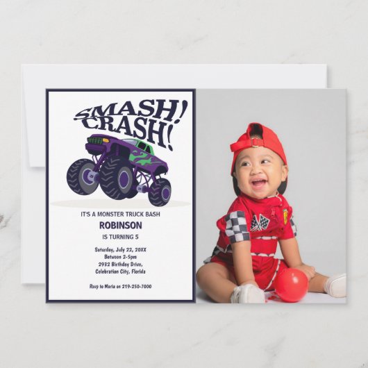 Zusammenstoß - Modernes Lila Monster-Lkw-Foto Einladung (Vorderseite)