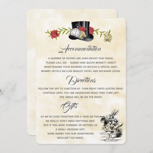 Zusätzliche Informationskarte für die Alice im Wun Einladung (Vorne/Hinten)