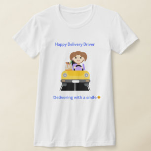 Zustellfahrer glücklich beim Liefern von T-Shirts