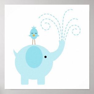 Zuwendbarer blauer Elefant und Vogel Poster