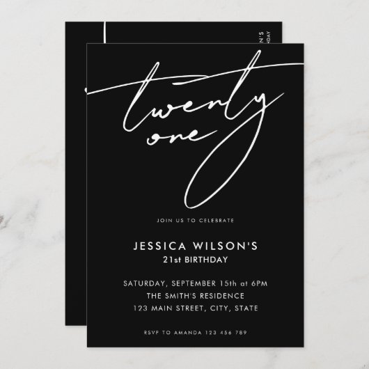 Zwanzig Einundzwanzig moderne Schwarze 21. Geburts Einladung (Vorne/Hinten)