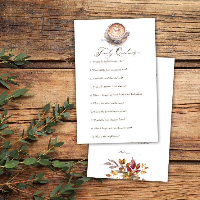 Zwanzig Fragen Liebe ist das Brauen von Kaffeedusc (Twenty questions love is brewing coffee fall shower game card cappuccino bridal shower games)