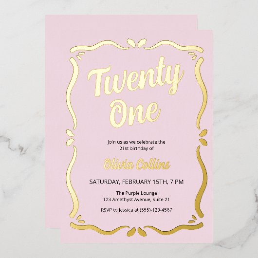 Zwanzig Gold Script Rosa Rosa 21. Geburtstag Folieneinladung (Vorderseite/Rückseite)
